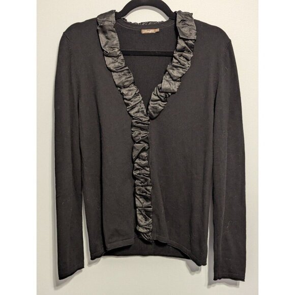 j mclaughlin womens large black long sleeve cardigan dressy satin ruffles - Picture 1 of 9